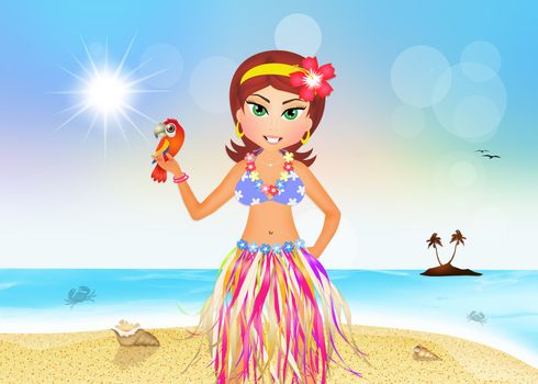illustration of Hawaiian girl on the beach