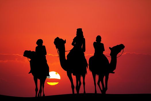 illustration of people on camel at sunset