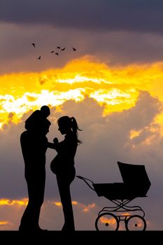 illustration of happy family silhouette at sunset
