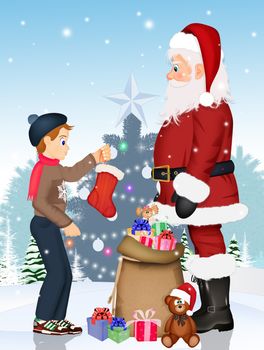 child and Santa Claus with gift