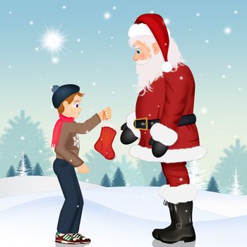 Santa Claus and children with Christmas socks