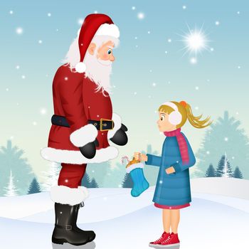 illustration of Santa Claus and children with Christmas socks