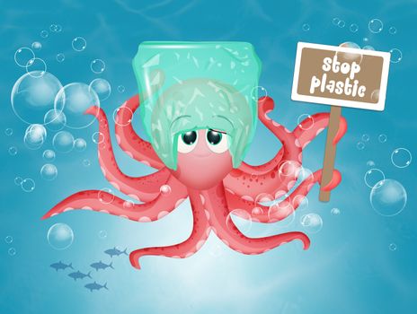 illustration of octopus with plastic waste