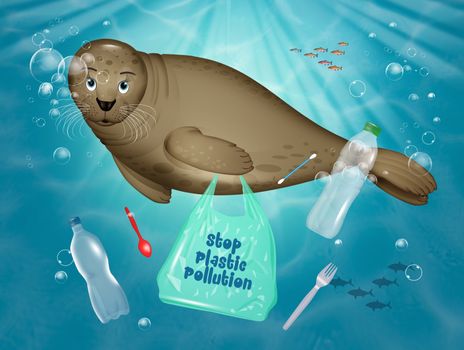 seal swims among plastic waste