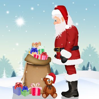 illustration of Santa Claus and Christmas gifts