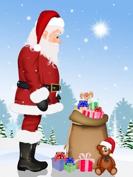 illustration of Santa Claus and Christmas gifts