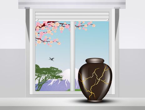 illustration of kintsugi jar on window