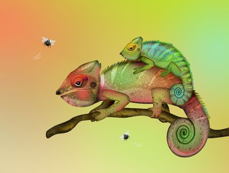 illustration of chameleon on branch