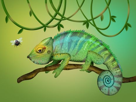 illustration of chameleon and flies