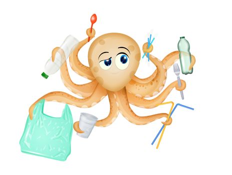illustration of octopus with plastic objects