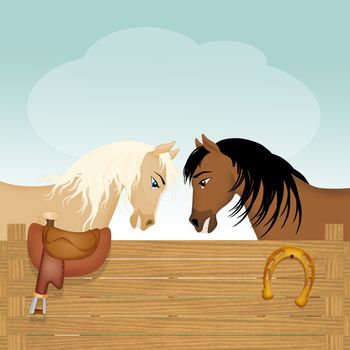 illustration of horses in the barn