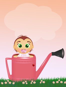 illustration of baby female in the watering can