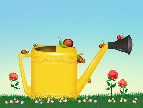 illustration of snails on watering can