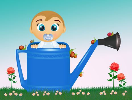 illustration of baby boy in the watering can