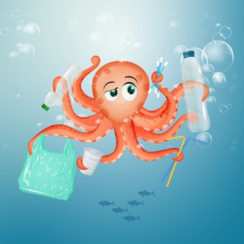 illustration of octopus with plastic waste