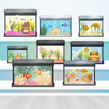 funny illustration of aquarium shop