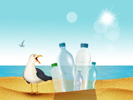 illustration of seagull on the beach with plastic bottles