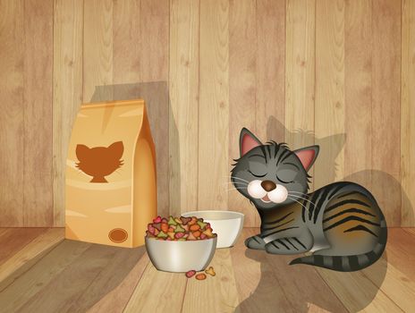 illustration of cat eats croquettes