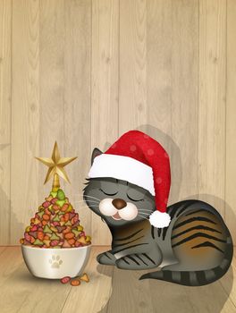 illustration of cat christmas tree with tidbits