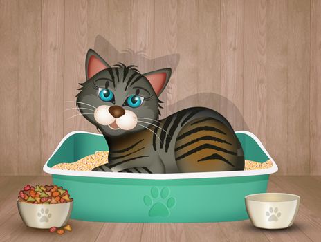 funny illustration of cat in the litter box