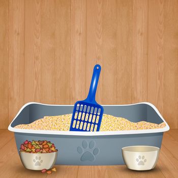 illustration of cat litter and accessories
