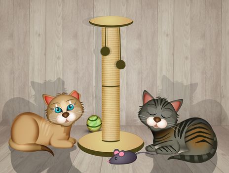 illustration of cats and scratching pole