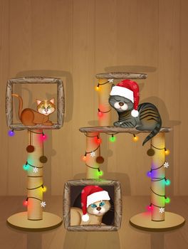 illustration of cats and the scratching post decorated for Christmas