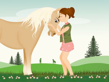 illustration of little girl and horse in the meadow