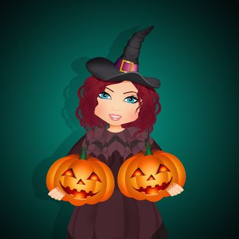 illustration of Halloween witch with two pumpkins