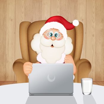 illustration of Santa Claus prepares the list of gifts with the computer
