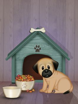 illustration of puppy dog and food and water bowls