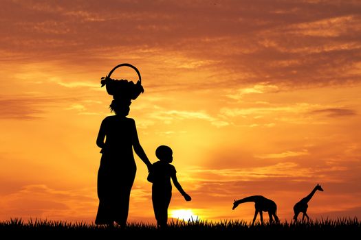 illustration of African woman and son at sunset