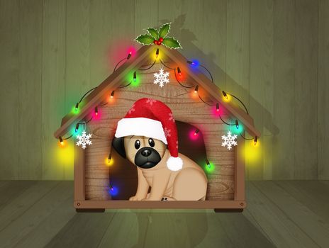 illustration of dog with doghouse decorated for Christmas