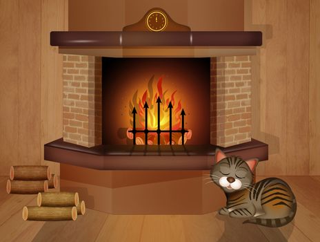 illustration of cat in front of the fireplace