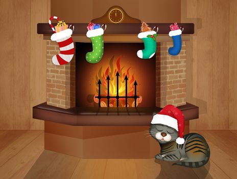 illustration of cat in front of the fireplace for Christmas
