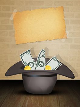 illustration of homeless hat with donated money