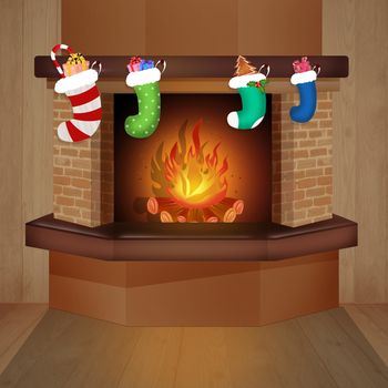 illustration of Christmas stockings hanging from the fireplace