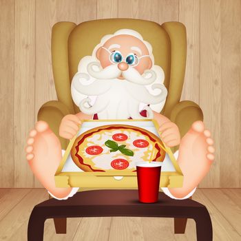 illustration of Santa Claus eating pizza