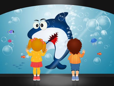 illustration of children watch the shark in the aquarium