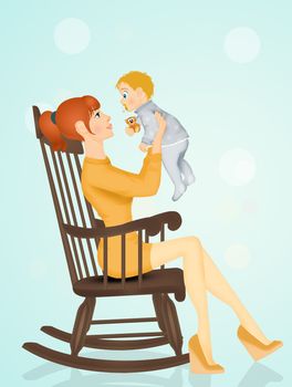 illustration of mom with baby on rocking chair