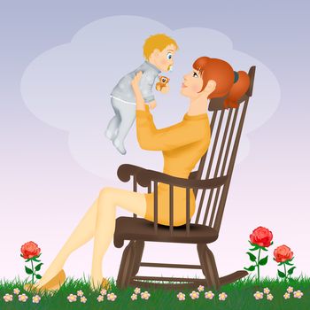 illustration of mom cuddles the baby on rocking chair