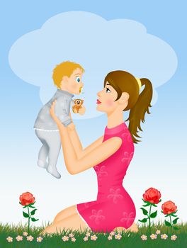 illustration of joyful mother with baby