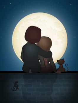 illustration of couple sitting on the wall in the moonlight