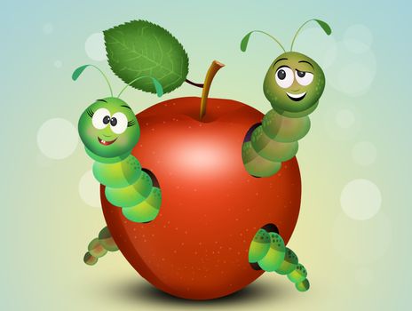 illustration of funny caterpillars in the apple