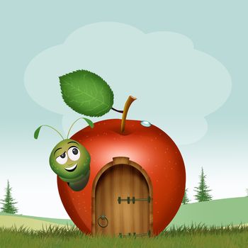 funny illustration of caterpillar in the house in an apple