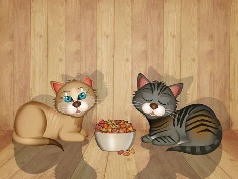 illustration of kittens eat croquettes
