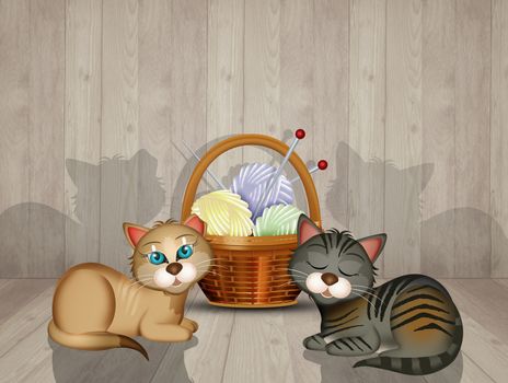 illustration of cats with a basket of balls
