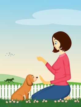 illustration of girl trains her dog
