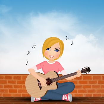 illustration of girl plays guitar sitting on the wall