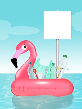 illustration of inflatable flamingo with plastic waste